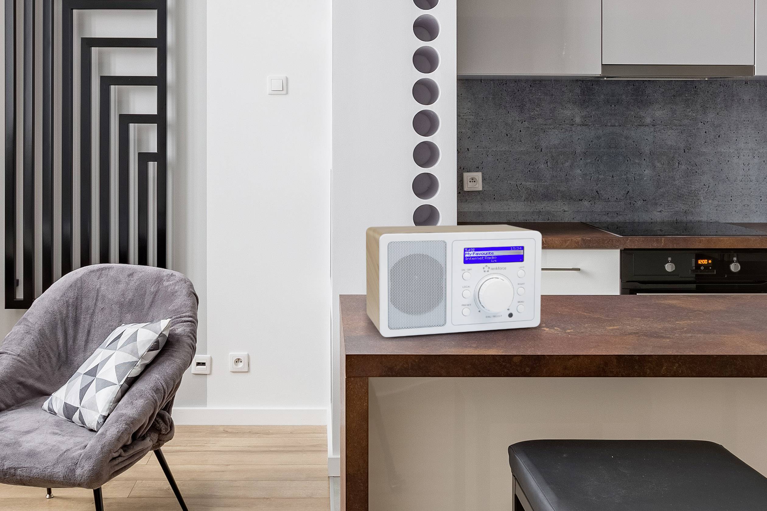 Renkforce RF-IR-MONO1 WOOD Internet Tischradio Internet Bluetooth®, AUX, Internetradio, WLAN DLNA-fähig Holz, Weiß