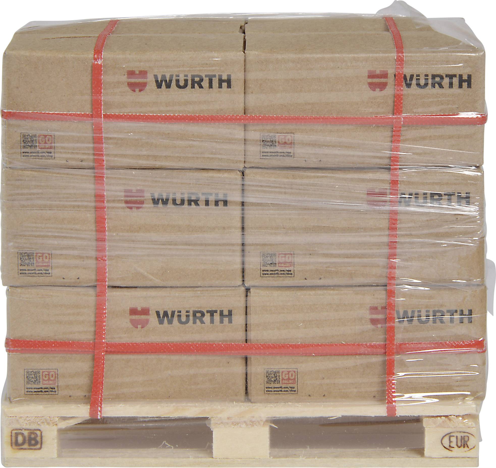 Gestapelte Pappkartons mit Würth-Logo auf einer Palette, mit rotem Band gesichert und in Plastikfolie eingepackt.