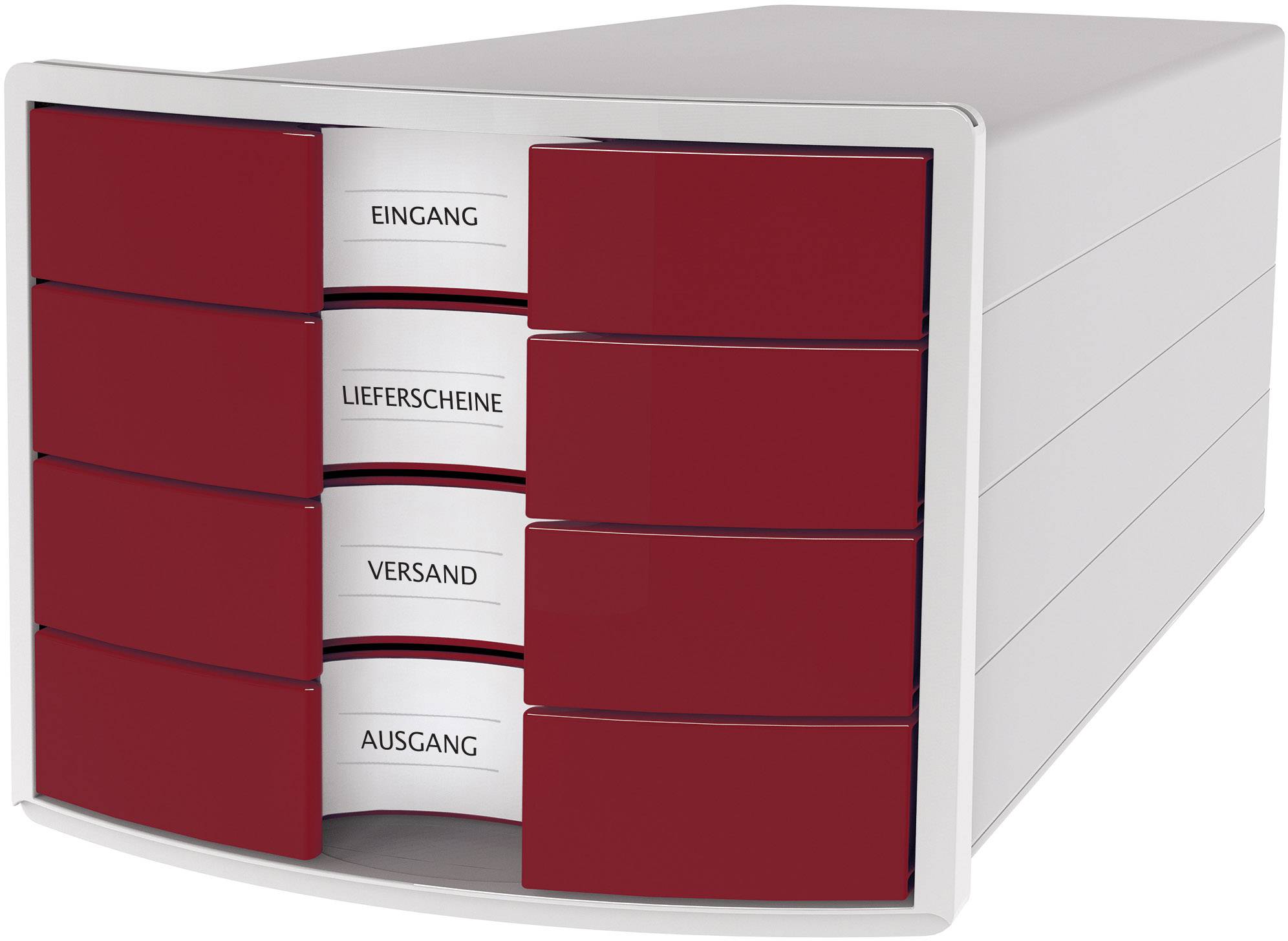 Roter Ablageturm mit vier Fächern, beschriftet: 'Eingang', 'Lieferscheine', 'Versand', 'Ausgang'.