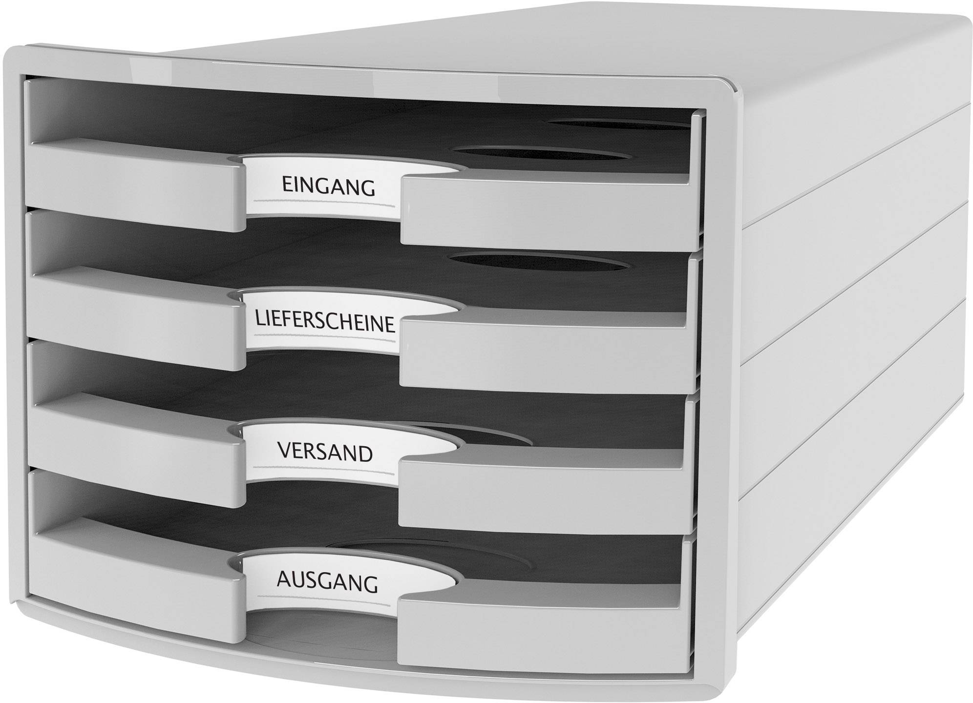 Vierfaches Ablagefach aus Kunststoff mit beschrifteten Schubladen 'Eingang', 'Lieferscheine', 'Versand' und 'Ausgang', für Büroorganisation.