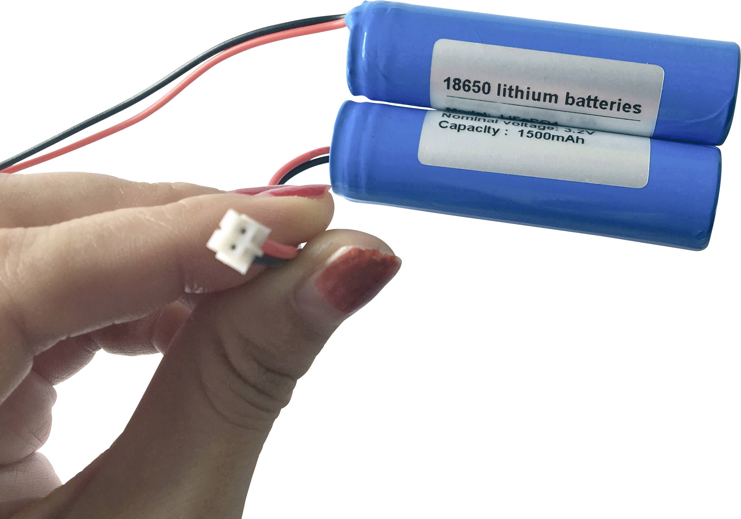 Eine Hand hält zwei blaue Li-Ionen-Batterien, markiert mit '18650 lithium batteries' und 'Capacity: 1500mAh', an einem Stecker.