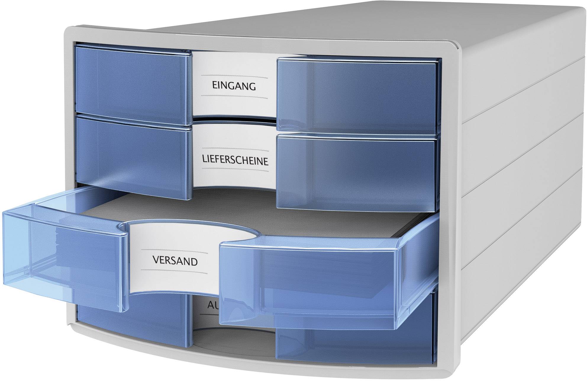 Schubladensystem aus Kunststoff mit vier Fächern, beschriftet: 'Eingang', 'Lieferscheine', 'Versand', 'Ausgang'. Blau-transparente Fronten.