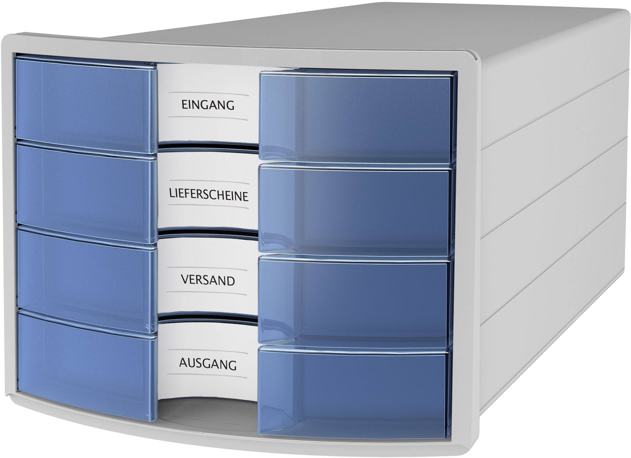 Ablagebox mit vier blauen Schubladen, beschriftet mit 'Eingang', 'Lieferscheine', 'Versand' und 'Ausgang', für Dokumentenorganisation.
