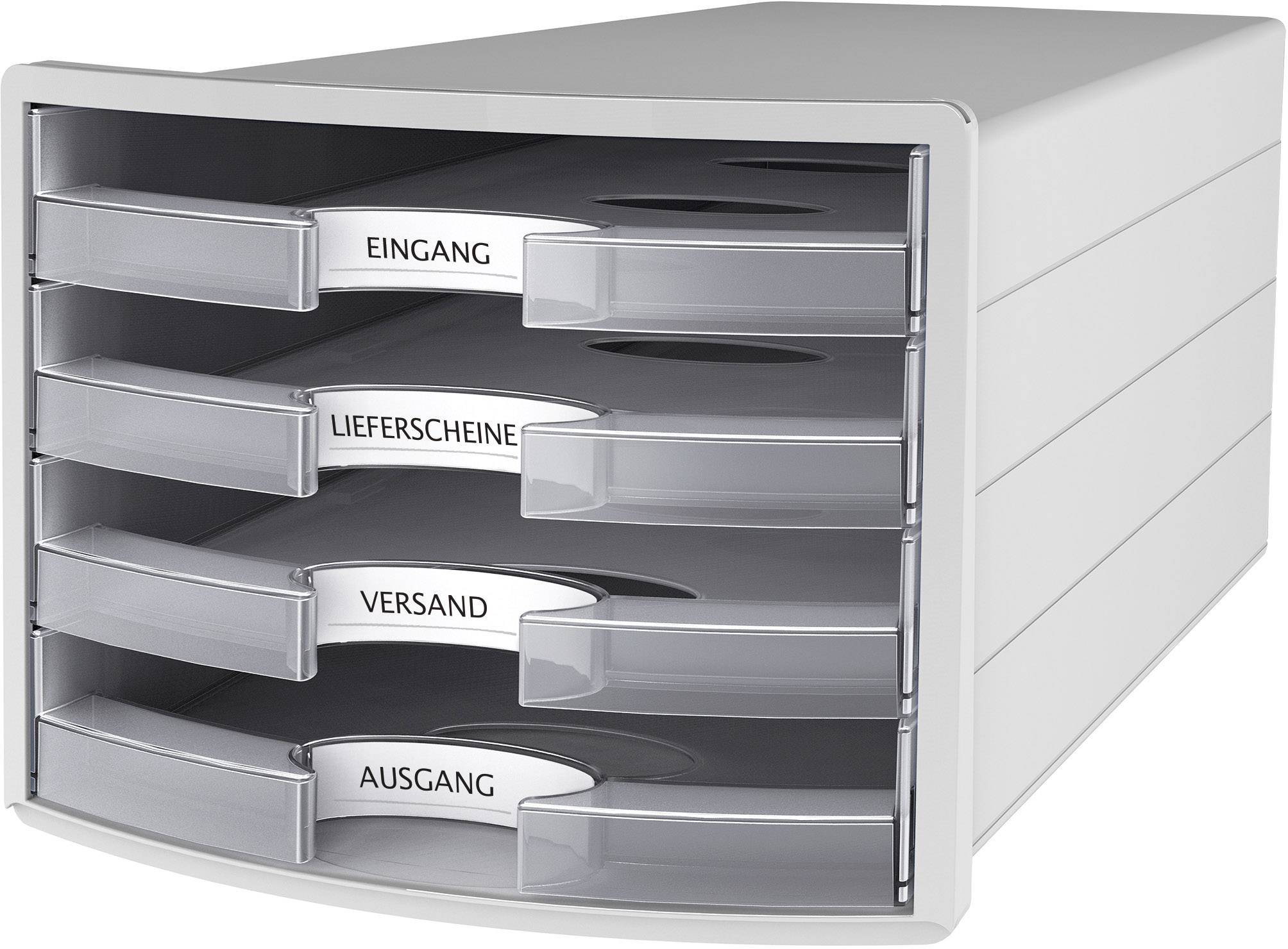 Graue Aktenablage mit vier Schubladen, beschriftet: 'Eingang', 'Lieferscheine', 'Versand', 'Ausgang'. Ideal zur Büroorganisation.