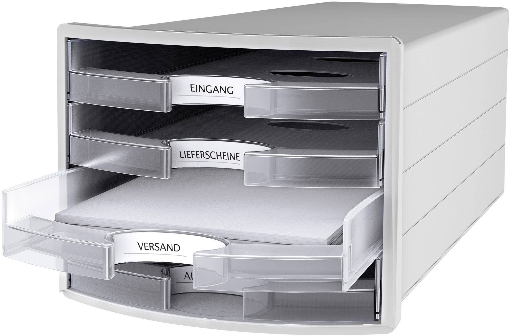 Ein weißer Schubladen-Organizer mit vier transparenten Schubladen, beschriftet mit 'Eingang', 'Lieferscheine', 'Versand', 'Ausgang'.