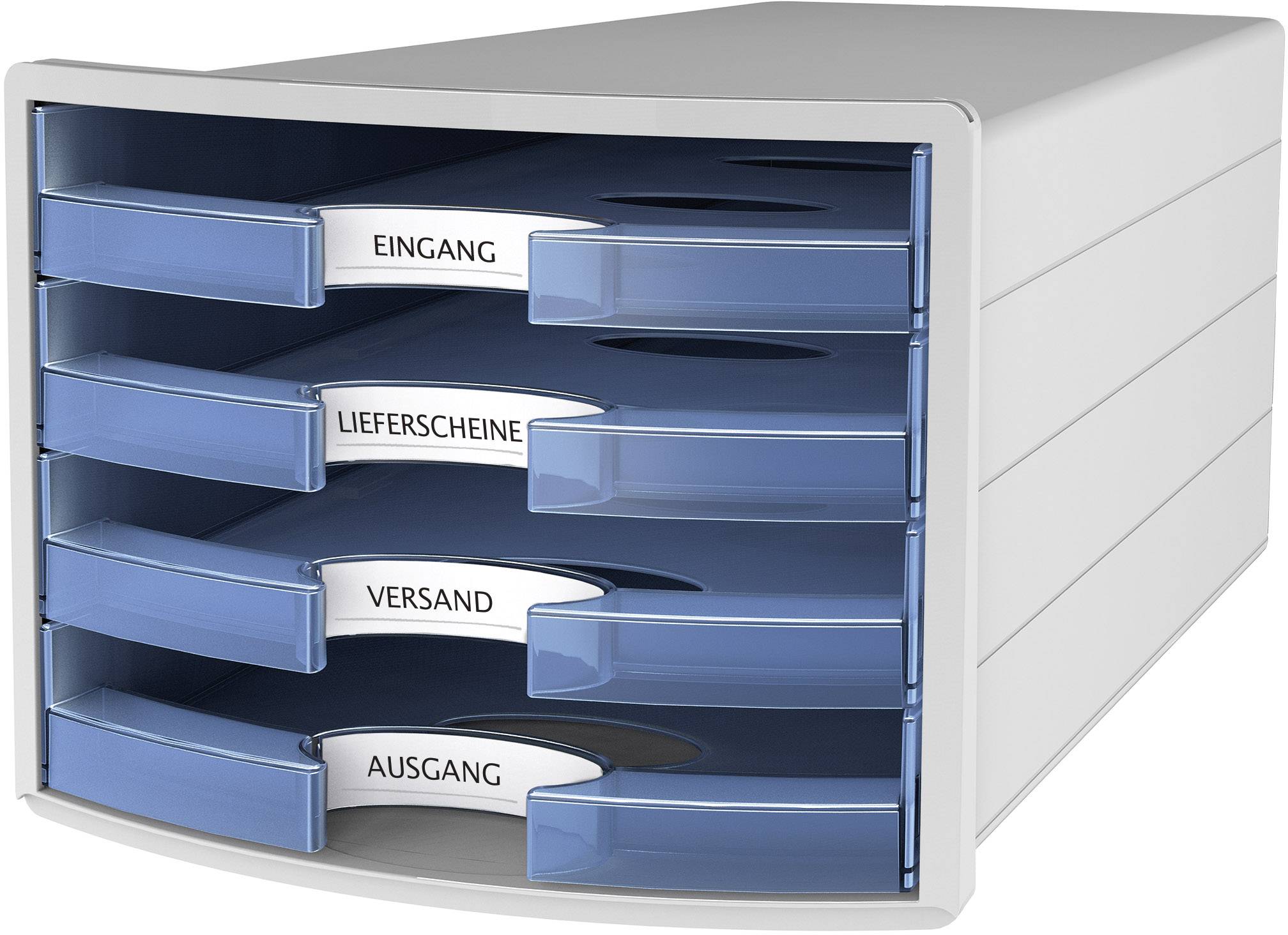Ein weißer Büro-Organizer mit vier transparenten blauen Schubladen, beschriftet mit 'Eingang', 'Lieferscheine', 'Versand' und 'Ausgang'.