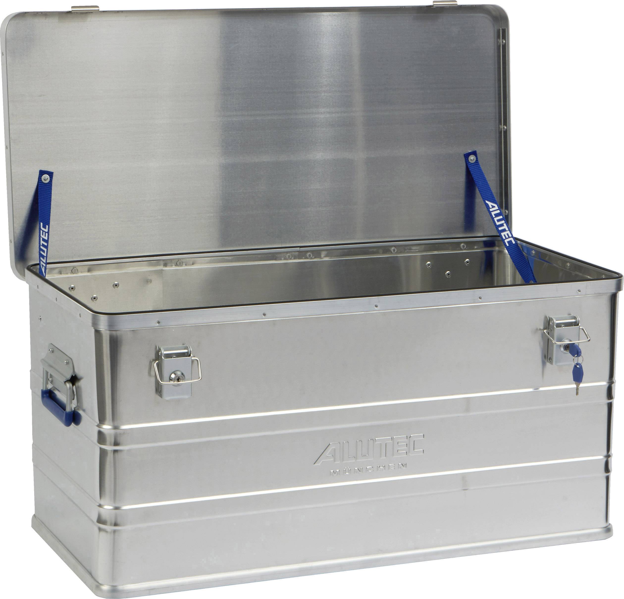 Eine offene Aluminiumkiste mit blauen Klappbügeln an den Seiten, geeignet zum sicheren Transport und zur Lagerung von Gegenständen.