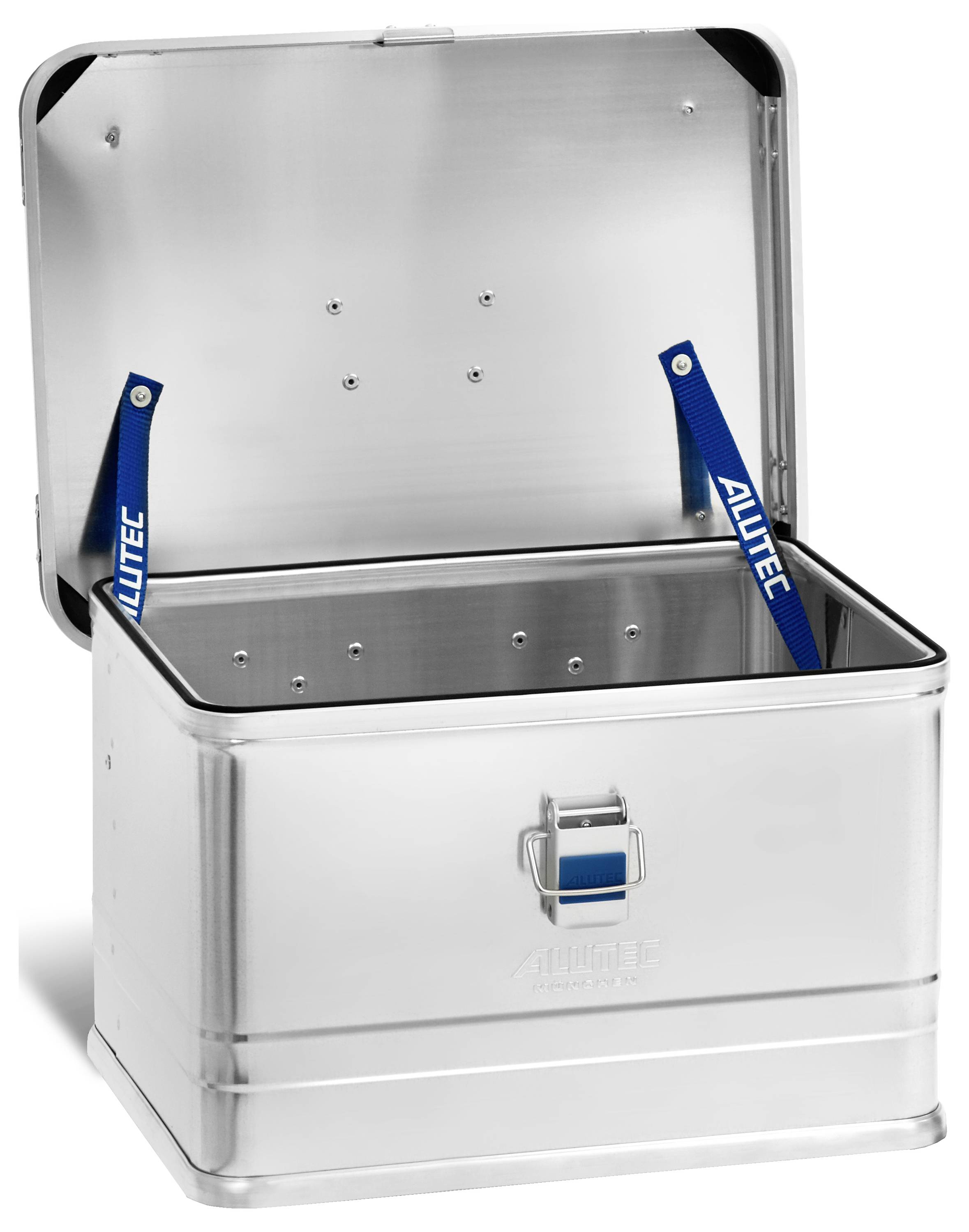 Alutec Aluminiumbox mit offenen Deckel, zeigt blaue innere Scharniere. Geeignet für sichere Lagerung und Transport.