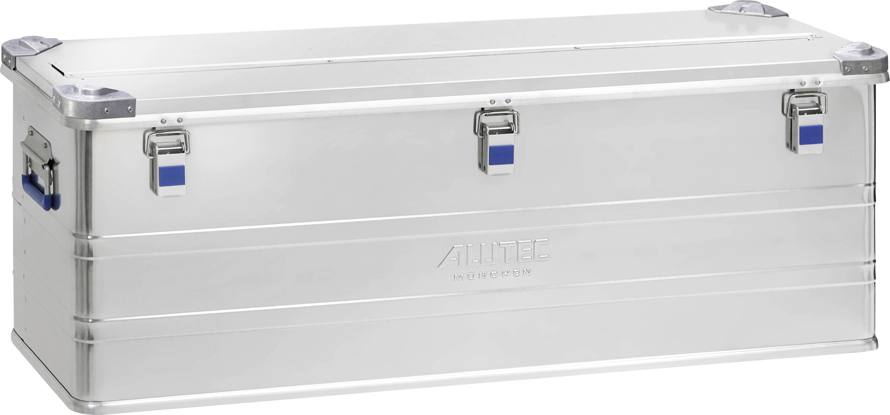 Aluminium-Lagerkiste mit sicheren Verschlüssen und seitlichen Griffen, geeignet für Transport oder Lagerung von Werkzeugen und Ausrüstung.