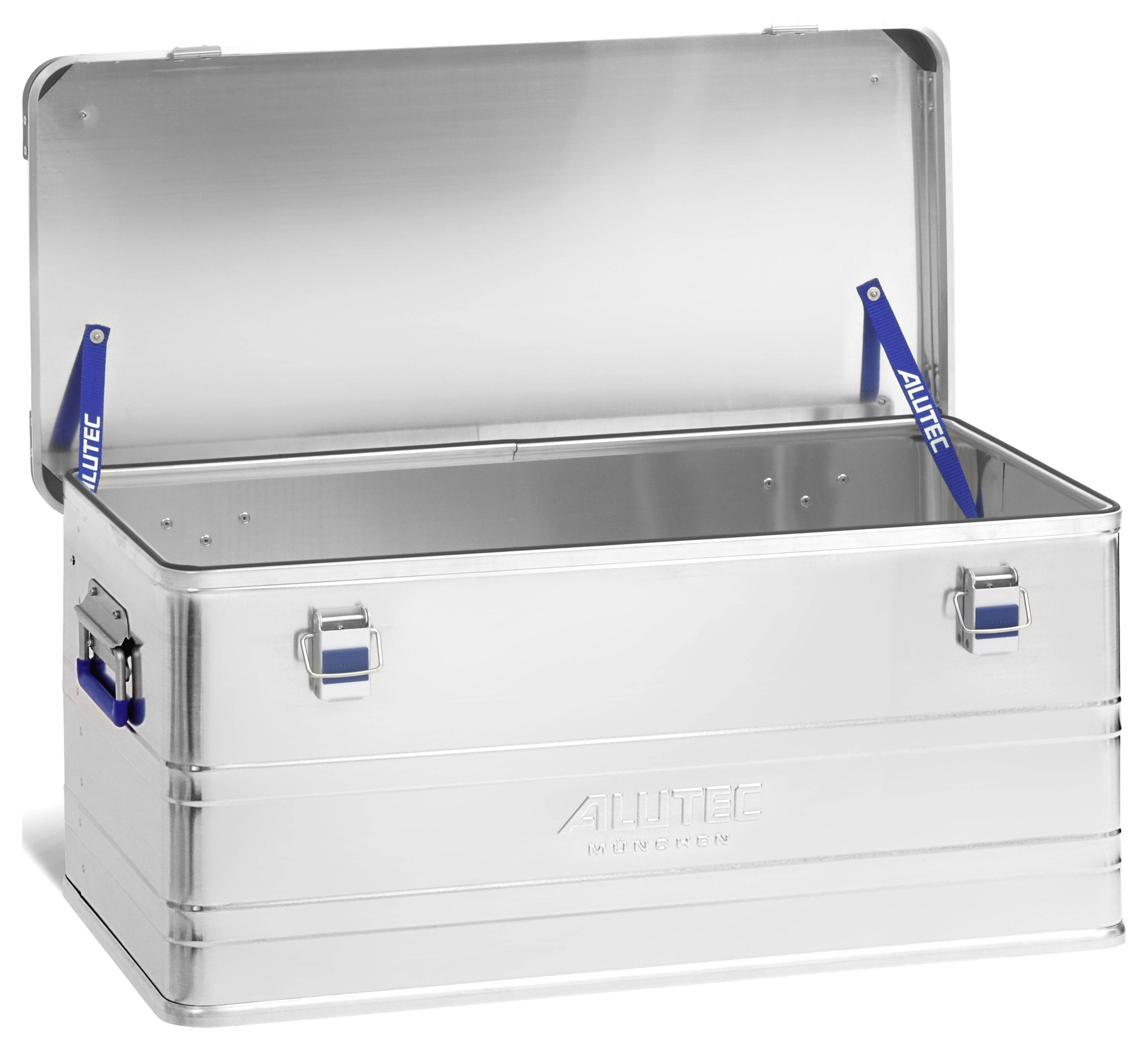 Eine offene silberne Aluminium-Aufbewahrungsbox mit blauen Griffen und Riemen, die ihr großzügiges Inneres zur Schau stellt. Markenname auf der Vorderseite eingraviert.