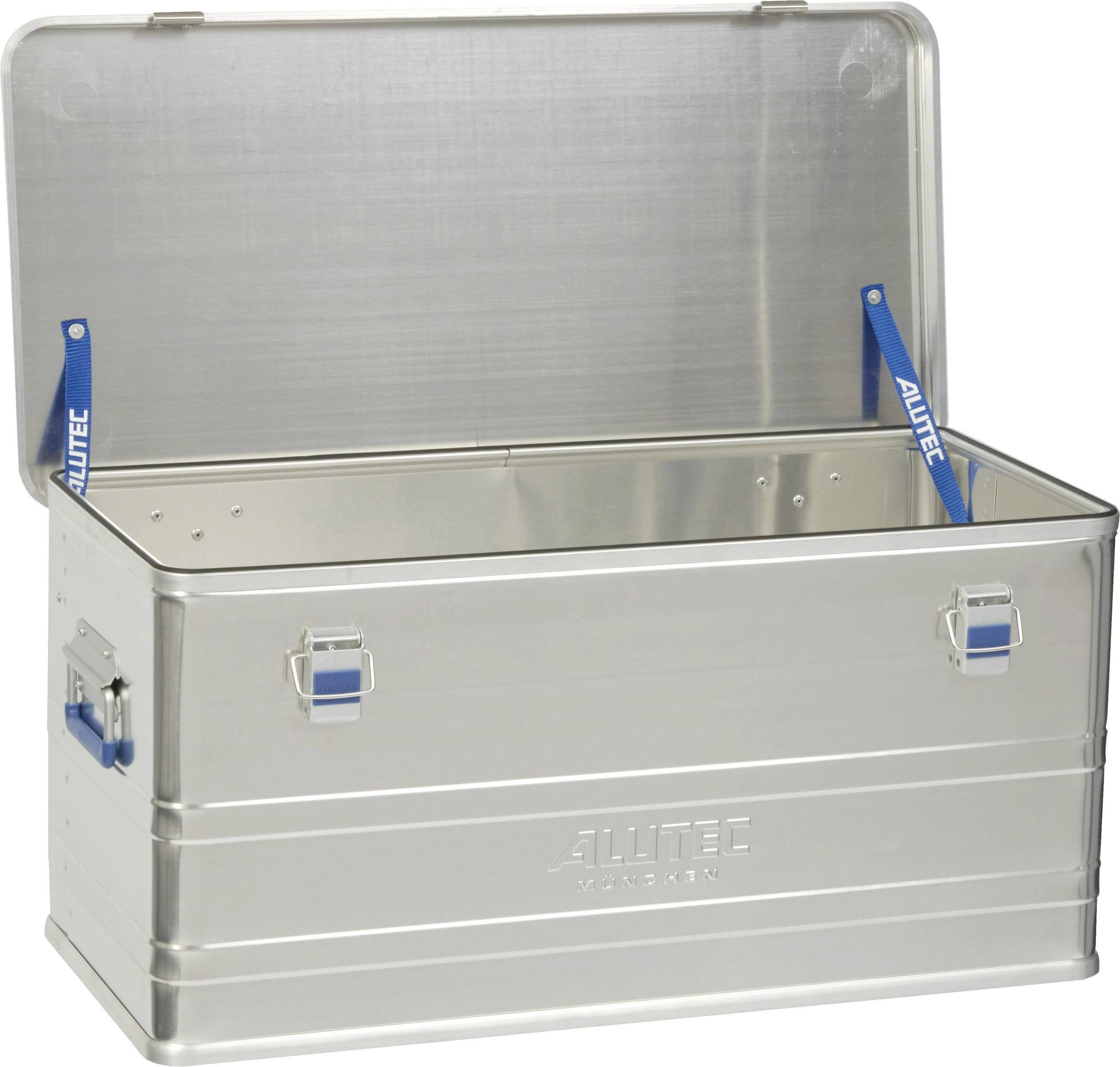 Metallische Aufbewahrungsbox mit offenem Deckel, blauen Hebeln und dem Schriftzug 'ALUTEC'. Ideal für Lagerung und Transport.