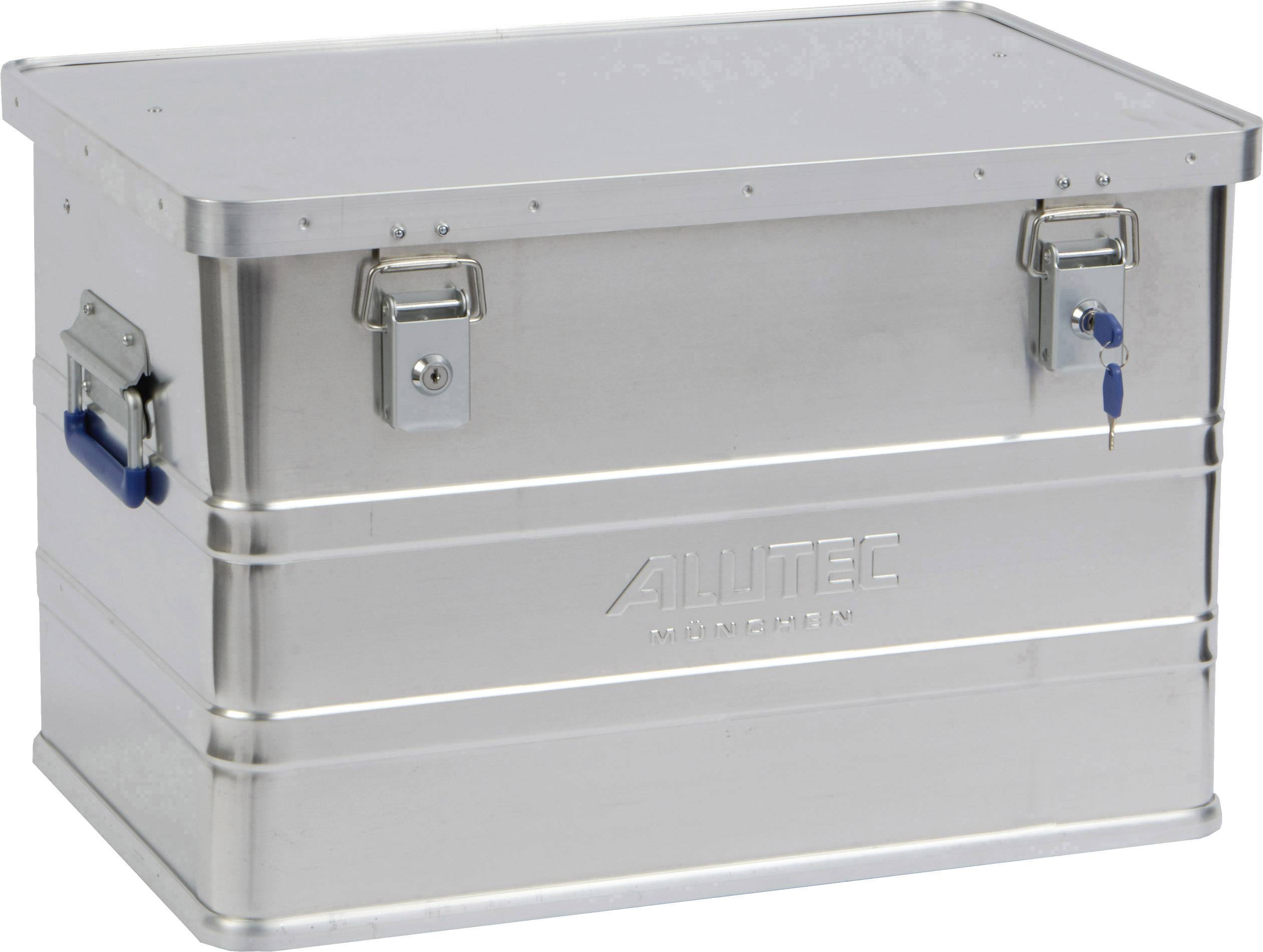 Eine silberne, robuste Alubox mit Verschlüssen und seitlichen Griffen, geeignet für Transport und Lagerung.