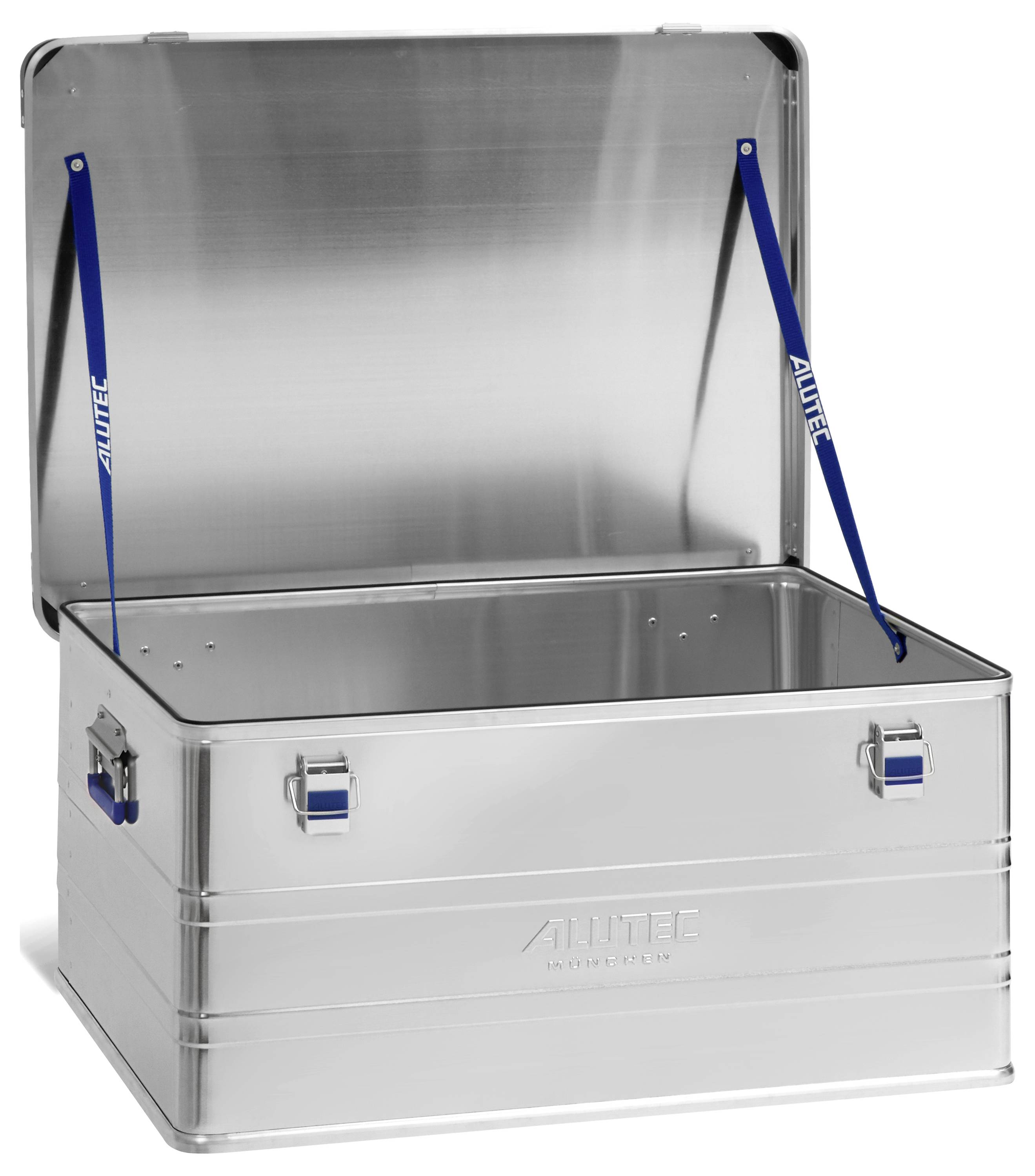 Eine offene Aluminium-Lagerkiste mit blauen Griffen und Riemen, die ein geräumiges Inneres zeigt. Die Kiste ist auf der Vorderseite mit „ALUTEC