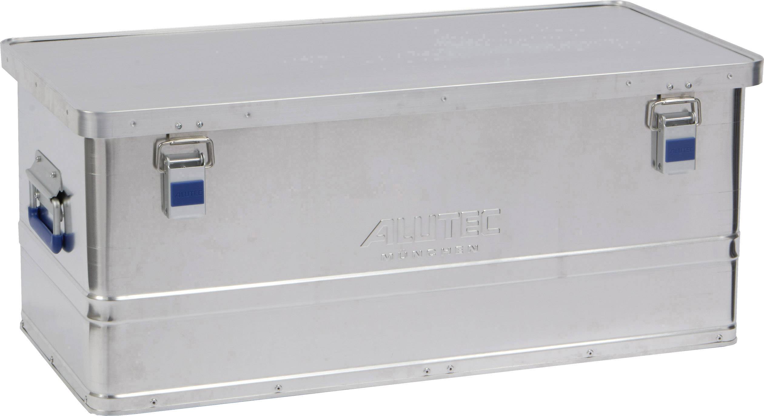 Silberne Aluminiumkiste mit blauen Griffen und Verschlüssen, geeignet zur Aufbewahrung oder zum Transport von Gegenständen.