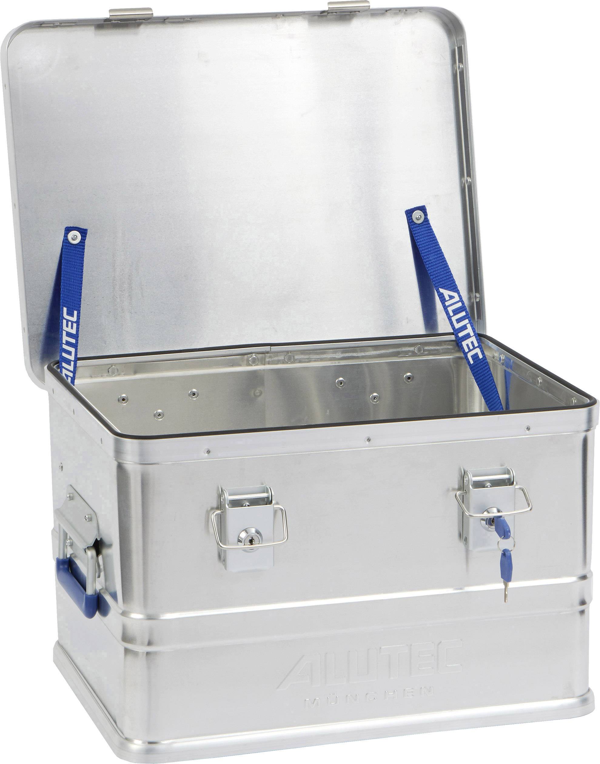 Geöffnete Aluminiumbox mit blauen Trageriemen und silbernem Schloss, geeignet zur sicheren Aufbewahrung oder Transport von Gegenständen.