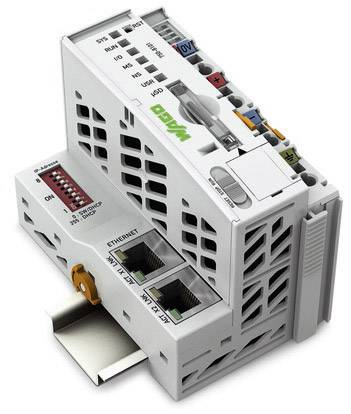 Abgebildet ist ein modularer Steuerungsregler mit mehreren Anschlüssen und einem DIP-Schalter, geeignet für industrielle Netzwerke.