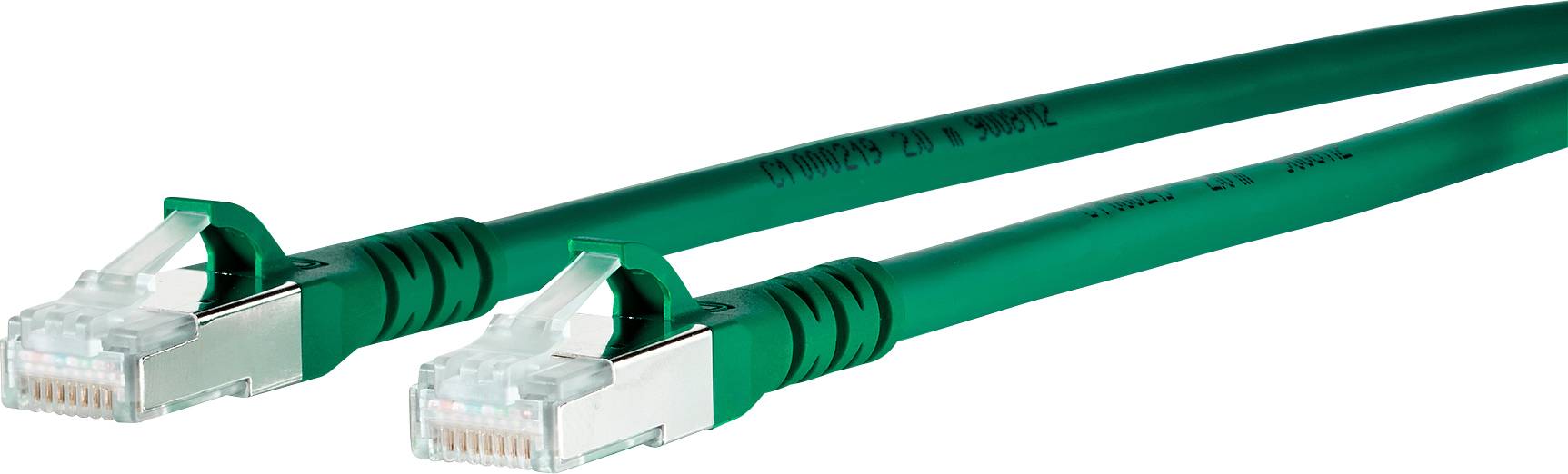 Zwei grüne Netzwerkkabel mit RJ45-Steckern liegen nebeneinander.