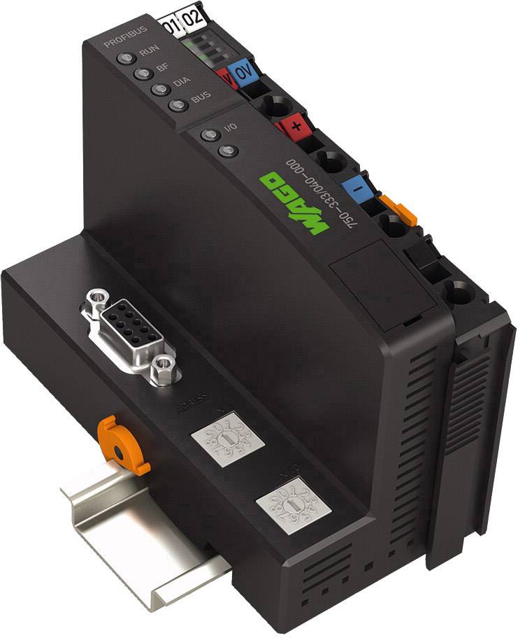 Ein schwarzes elektronisches Gerät zur Montage auf einer Hutschiene mit mehreren Anschlüssen, beschriftet als 'Profibus-DP'.