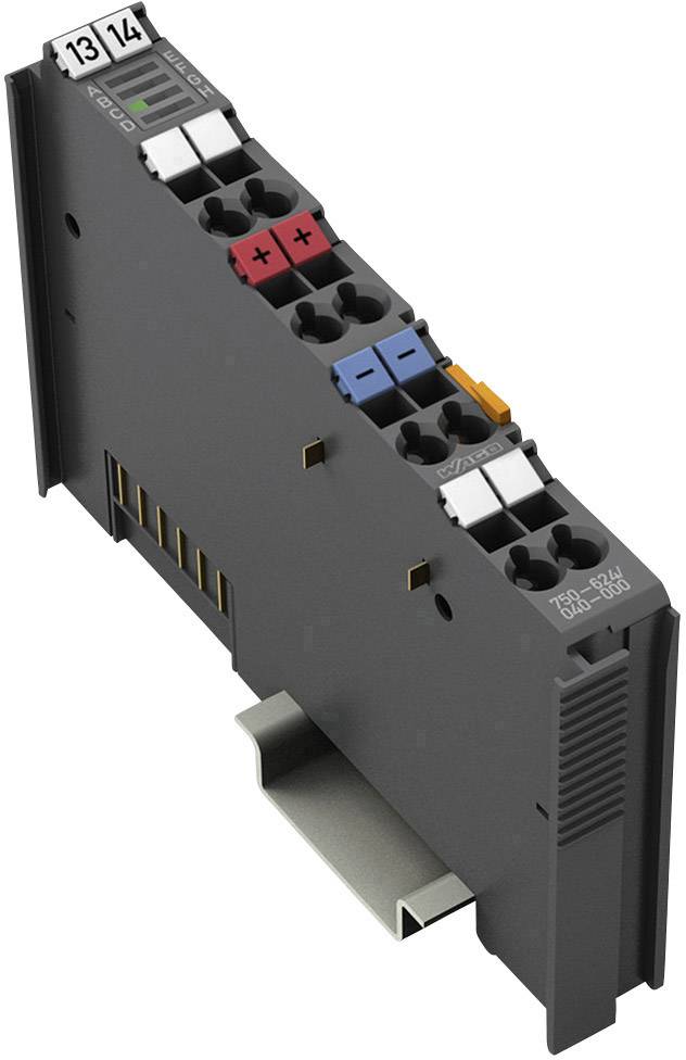 Schwarzes elektronisches Bauteil mit bunten Anschlüssen, darunter rote, blaue und orangefarbene Klemmen. Verwendbar für DIN-Schienen.