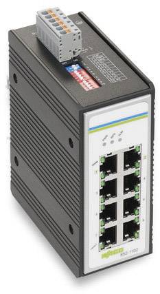 Ein industrieller Ethernet-Switch mit 8 Ports, montiert auf einer DIN-Schiene, für die zuverlässige Verbindung in industriellen Netzwerken.