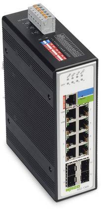 Ein Ethernet-Switch mit acht Ports und zwei SFP-Slots, geeignet für industrielle Netzwerke, mit einem robusten, schwarzen Gehäuse.