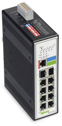 Schwarzer Netzwerk-Switch mit zehn Ethernet-Anschlüssen und farblich gekennzeichneten Feldern. An der Oberseite befindet sich ein grauer Anschlussblock.