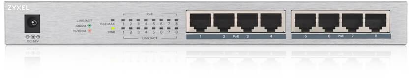 Ein Netzwerk-Switch von Zyxel mit acht Ethernet-Anschlüssen und LED-Anzeigen für Status und Aktivitäten.