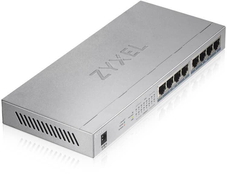 Silberner Netzwerk-Switch von Zyxel mit acht Ethernet-Ports und LED-Anzeigen auf der Vorderseite.