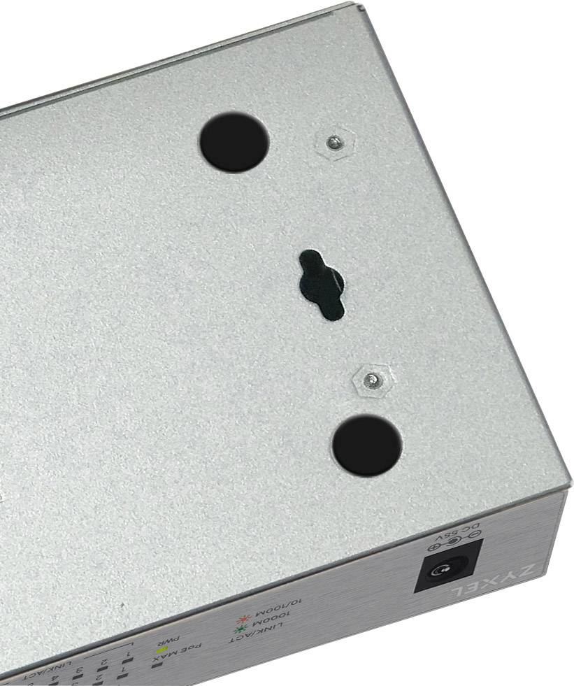 Silbernes elektronisches Gerät mit an der Wand montierbaren Löchern und LED-Anzeigen auf der Vorderseite für Netzwerkverbindung.