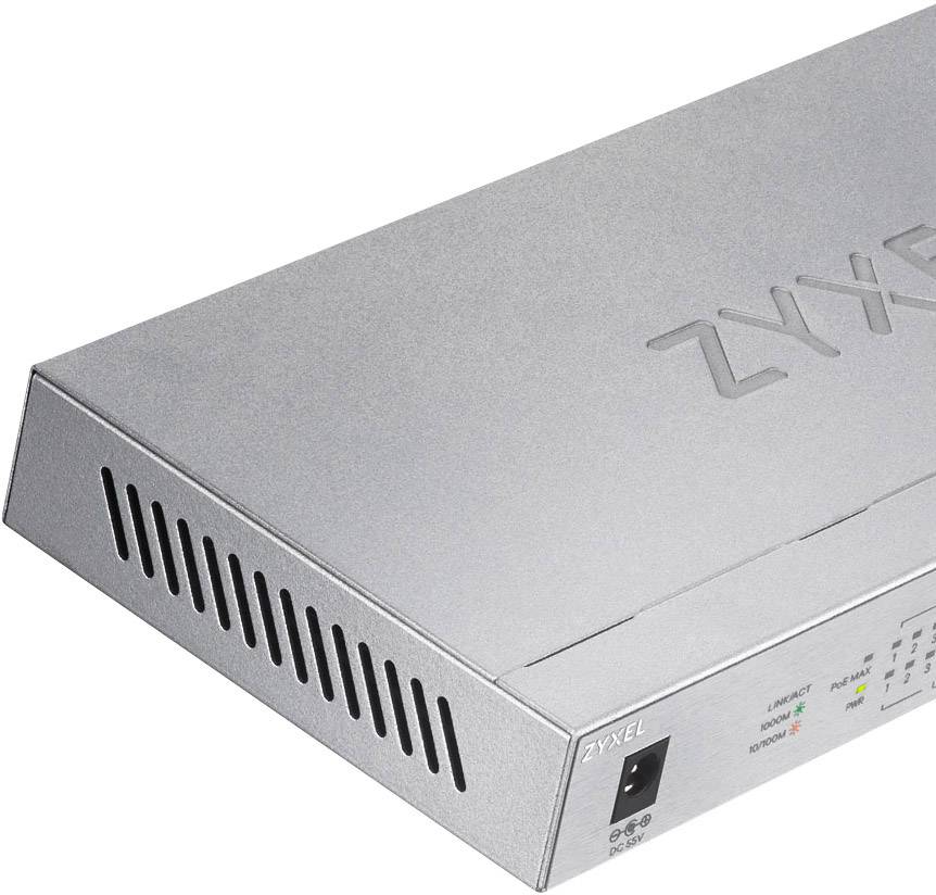 Ein grauer Netzwerk-Router mit Herstellerlogo 'ZYXEL', vielen Lüftungsschlitzen und mehreren Status-LEDs auf der Vorderseite.