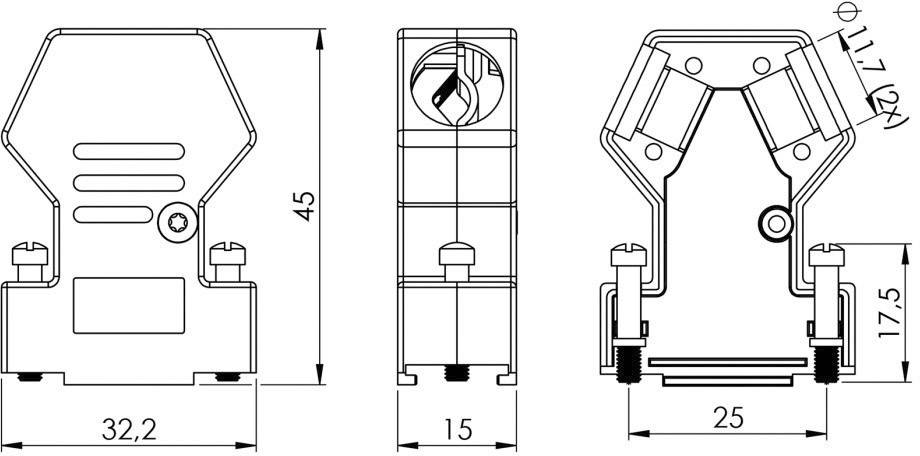Technische Zeichnung eines mechanischen Bauteils mit drei Ansichten: Front, Seite, und Rückseite, mit maßlichen Angaben in Millimetern.