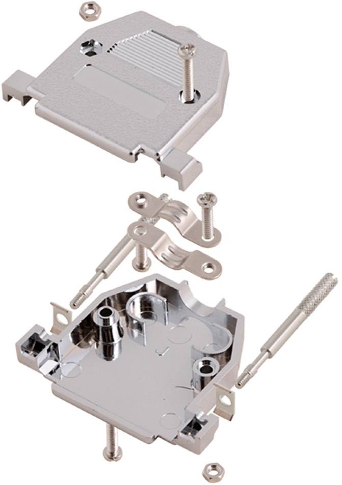 Metallsteckverbinder, zerlegt in obere und untere Teile. Schrauben und Befestigungselemente sind sichtbar, zeigen Montageweise.