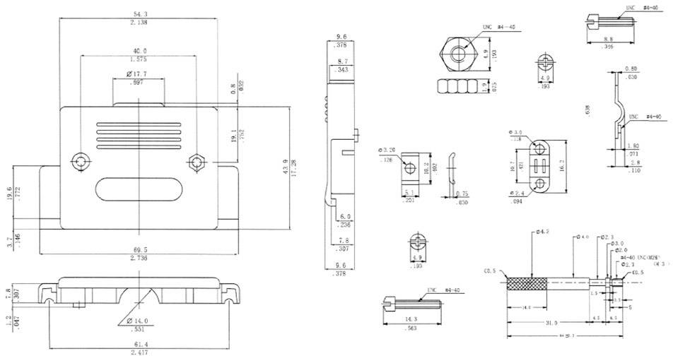 Technische Zeichnung eines mechanischen Bauteils mit mehreren Ansichten und Maßen. Enthält Details zu Formen, Größen und Bohrungen.