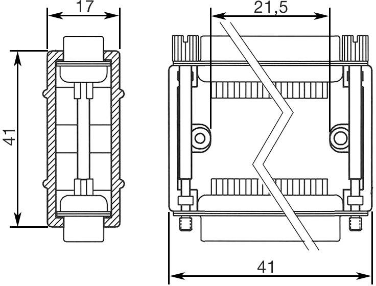 Technische Zeichnung eines rechteckigen Gehäuses mit Maßangaben: 41 mm mal 21,5 mm. Zeigt Querschnitt und Draufsicht.