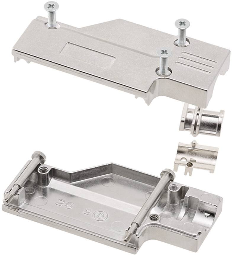 Ein metallisches Gehäuse für Steckverbinder, bestehend aus zwei Teilen mit Schraubbefestigung. Es zeigt das Innen- und Außenlayout.