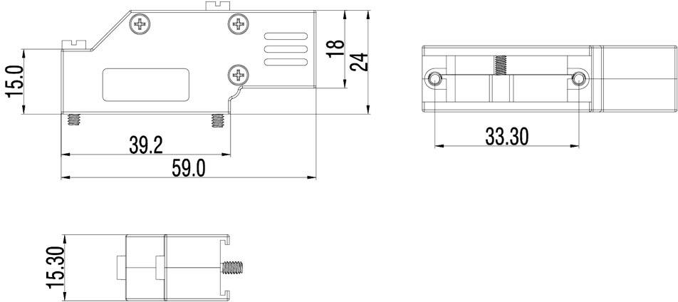 Technische Zeichnung eines Bauteils mit Abmessungen: Länge 59.0 mm, Höhe 24 mm, verschiedene Ansichten und Maße.