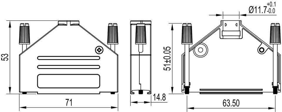 Technische Zeichnung eines mechanischen Teils mit Maßen: Höhe 53 mm, Breite 71 mm, Tiefe 14,8 mm, Lochdurchmesser 11 mm. Zeigt Vorder-, Seiten- und Aufsicht.