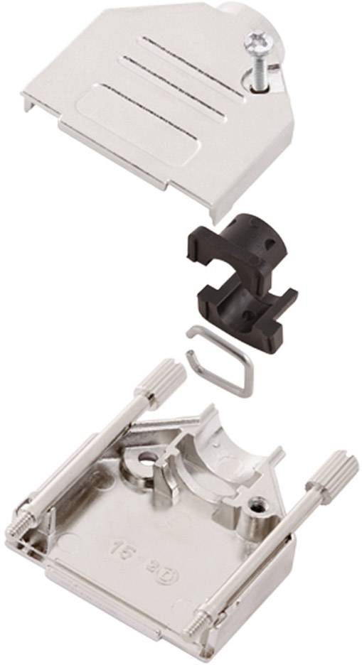 Metall-Steckverbindung: Gehäuse und Einzelteile teilweise montiert; graues Oberteil mit Schraube, schwarze Kunststoffeinlage, Unterseite mit Befestigungsschienen.