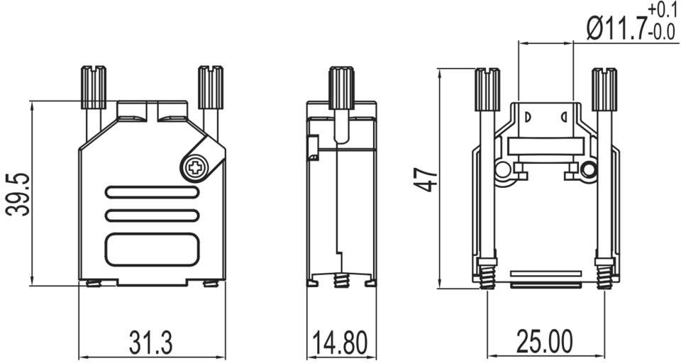 Technische Zeichnung eines Bauteils mit Vorder-, Seiten- und Draufsicht. Maße sind 39,5 x 31,3 x 14,8 mm, Bohrlöcher Ø11,7 mm.