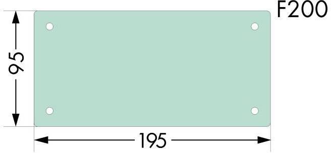 Rechteckige grüne Platte mit den Maßen 195 x 95 mm, bezeichnet als 'F200', mit jeweils einem Loch an jeder Ecke.