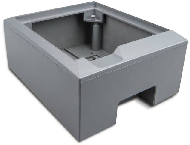 Stabile, quadratische Kunststoffhalterung in Grau mit abgesenktem mittleren Bereich und erhöhter Frontseite.