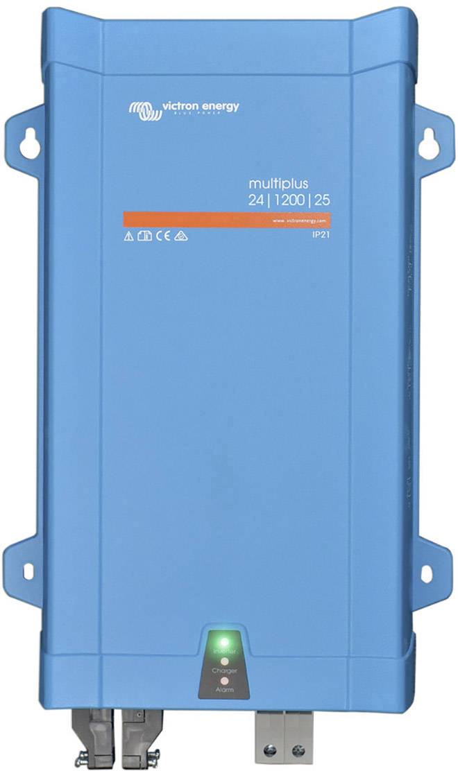 Blauer Wechselrichter mit der Aufschrift 'victron energy multiplus 24 | 1200 | 25'. Gerät mit Kontrollleuchte und Anschlüssen.