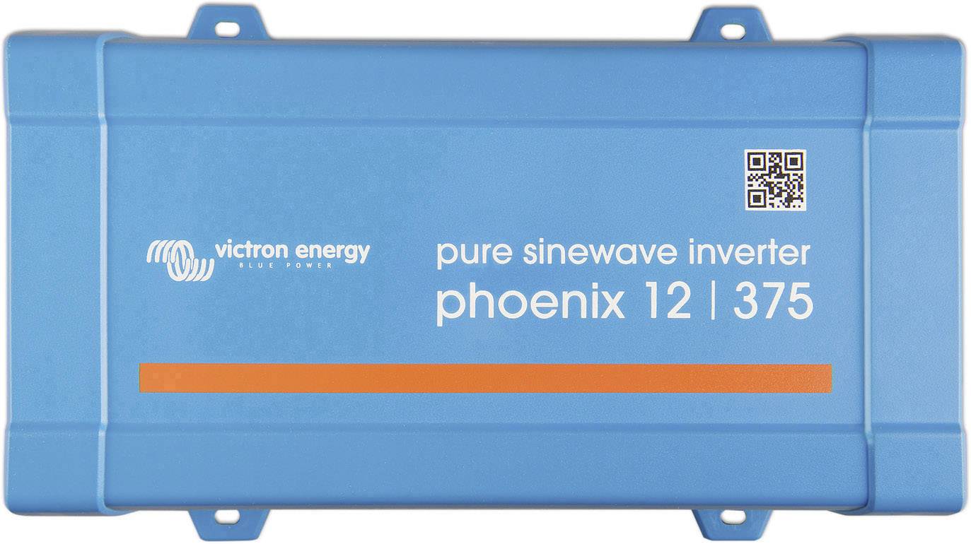 Ein blauer reiner Sinuswechselrichter von Victron Energy mit der Aufschrift 'phoenix 12 | 375' und einem QR-Code auf der rechten Seite.