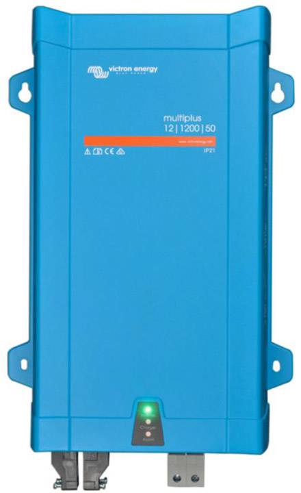 Ein blaues Gerät von Victron Energy mit der Aufschrift 'multiplus 12/1200/50', darunter einige Symbole und ein leuchtendes grünes Licht.