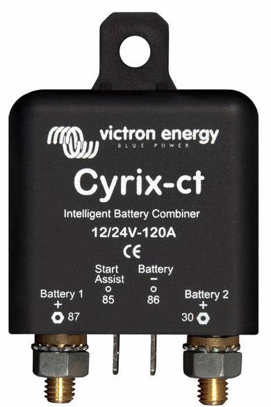 Ein schwarzer Batteriekombinierer 'Victron Energy Cyrix-ct' für 12/24V-120A. Anschlussklemmen für Start- und Bordbatterie.