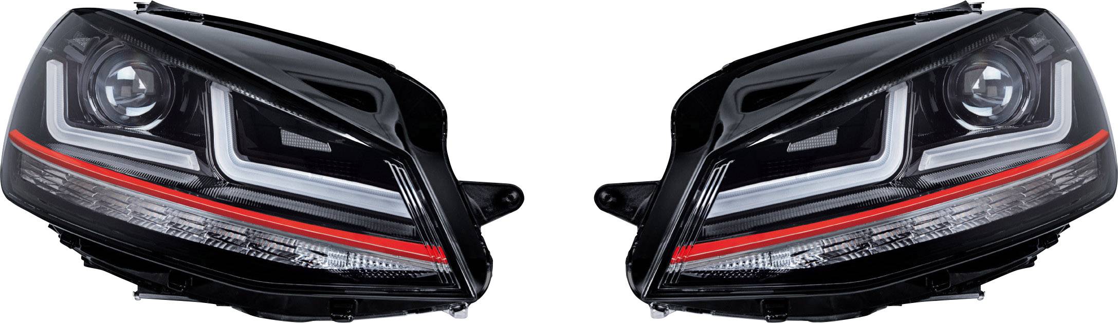 Zwei Autoleuchten mit modernem LED-Design und rotem Streifen, symmetrisch angeordnet.