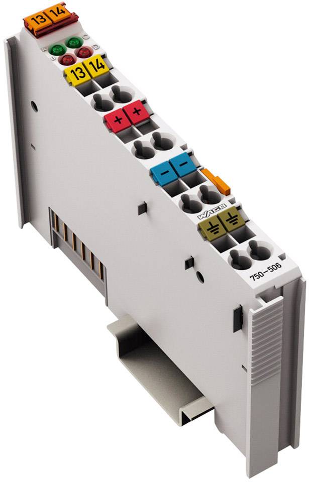Industrie-Klemme mit farbigen Anschlussklemmen und Beschriftung (z.B. 13, 14). Sie dient zum Verdrahten elektrischer Komponenten.