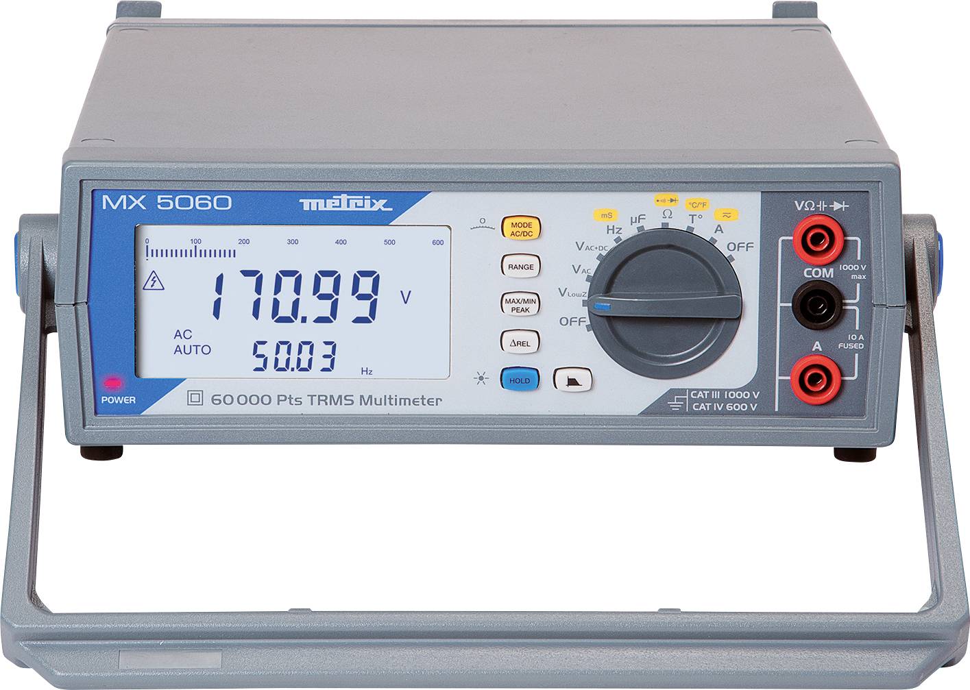 Ein digitales Multimeter zeigt auf dem Display '170,99 V' und '5.003 A'. Knöpfe für Moduseinstellungen sind rechts neben dem Display.