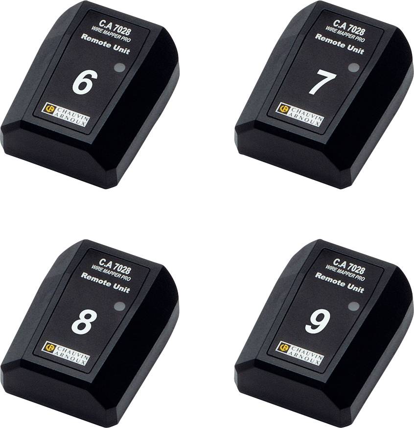 Vier schwarze Remote-Einheiten mit den Nummern 6, 7, 8 und 9. Jede Einheit ist mit 'C.A 7028' beschriftet.