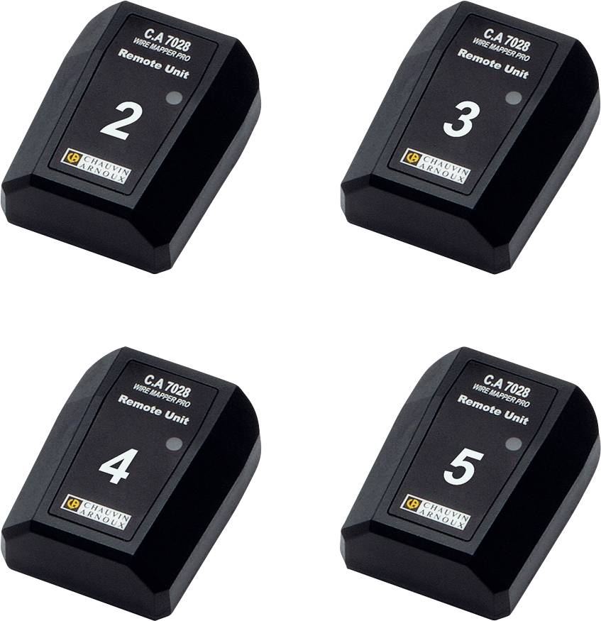 Vier schwarze Fernbedienungseinheiten mit den Nummern 2, 3, 4 und 5. Jede Einheit hat die Aufschrift 'C.A 7028 Remote Unit'.